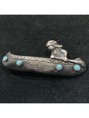 Rare Early Navajo BIG Hand Carved Silver Brooch Canoe 2.5"